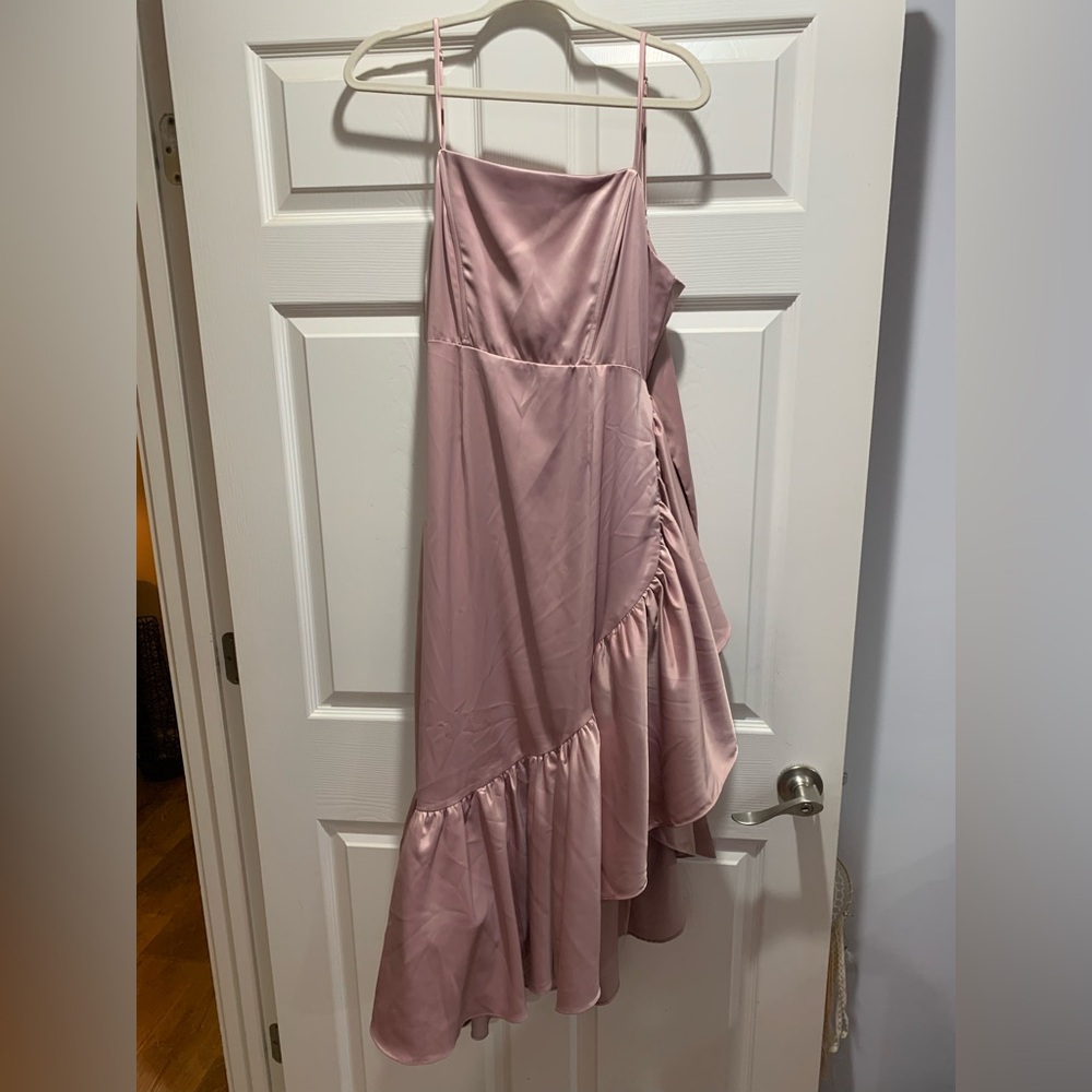 Satin Pink Ruffle Slip Dress - Women's